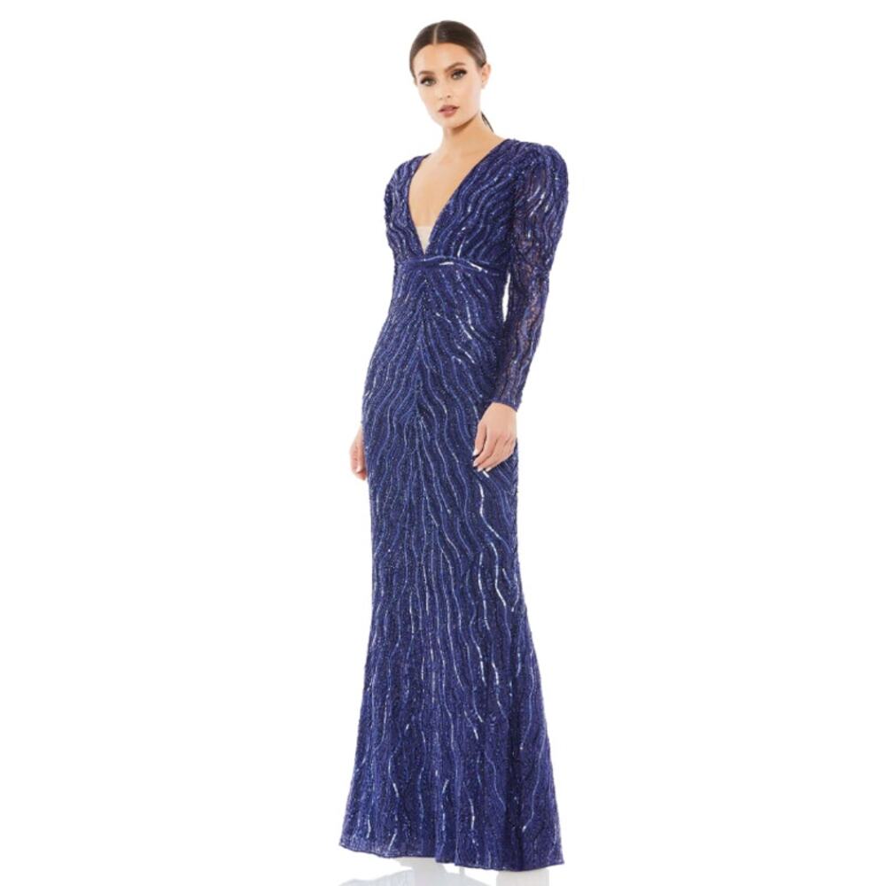 Mac Duggal 8 midnight beaded puff sleeve trumpet evening gown prom gala wedding